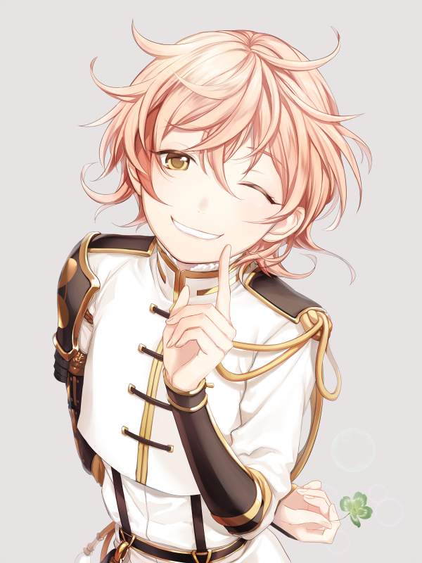 10s 1boy blonde_hair clover finger_to_mouth four-leaf_clover grin male_focus monoyoshi_sadamune oisih one_eye_closed smile suspenders touken_ranbu yellow_eyes