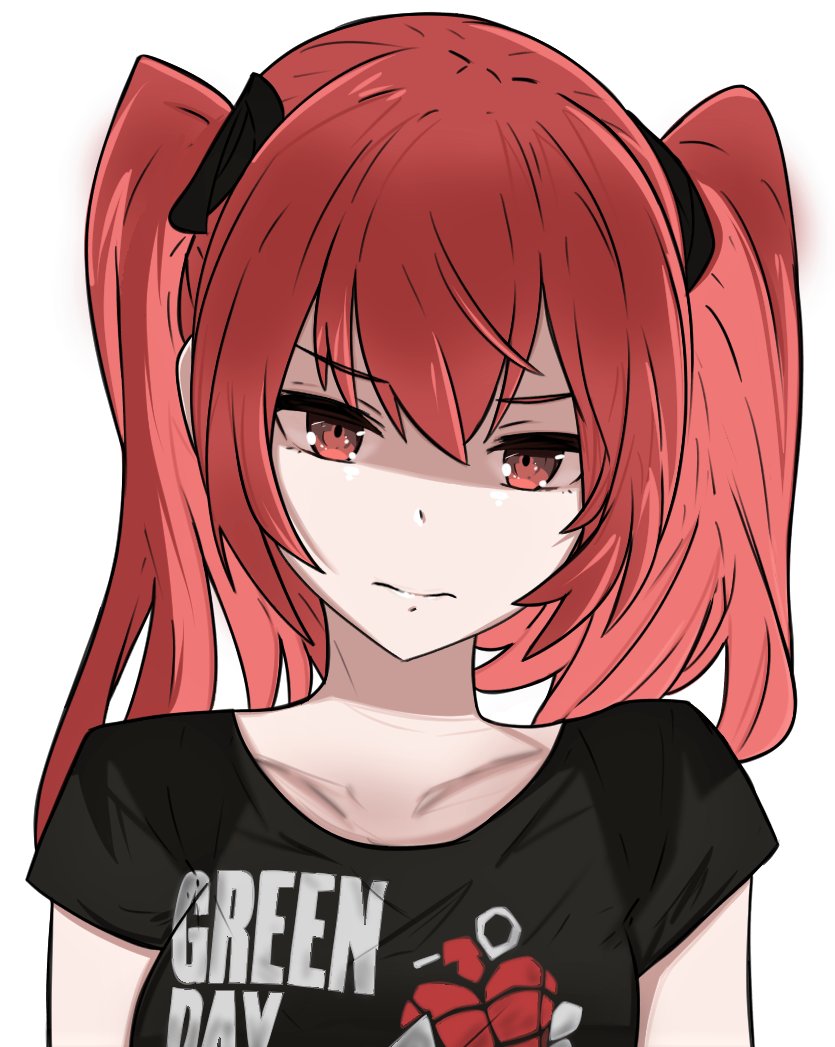 1girl american_idiot collarbone fire_emblem fire_emblem_awakening green_day group_name long_hair looking_at_viewer nintendo red_eyes red_hair severa_(fire_emblem) shaded_face shirt simple_background solo t-shirt tavi_(hosheezus) twintails white_background