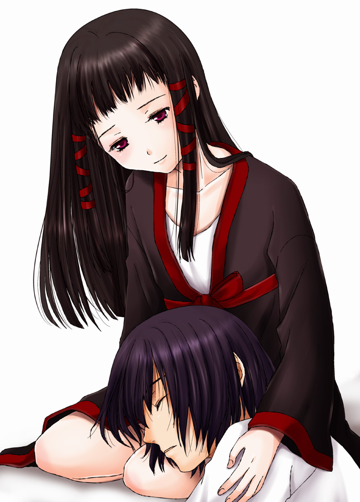 1boy 1girl ar_tonelico ar_tonelico_ii black_hair closed_mouth closed_eyes hair_ornament inumori_sayaka jakuri_(ar_tonelico) long_hair red_eyes robe simple_background sleeping smile white_background