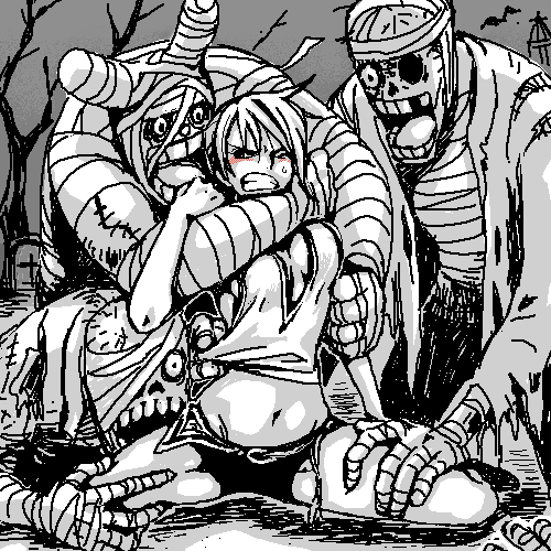 1girl 3boys bad_id bad_pixiv_id bandages choke_hold futomaki greyscale lowres midriff monochrome monster multiple_boys nami_(one_piece) nami_(one_piece)_(thriller_bark) navel oekaki one_piece pirate shorts sitting spread_legs strangling thriller_bark you_gonna_get_raped zombie zombie_408