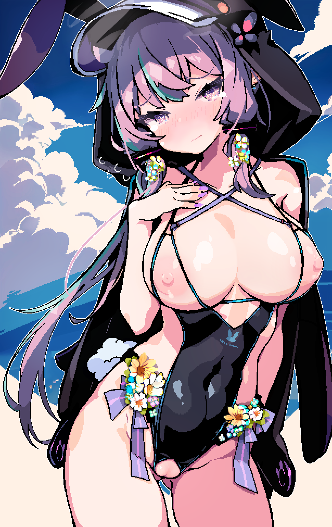 @_@ animal_ears blush breastless_swimsuit breasts cloud cloudy_sky commentary_request contrapposto cowboy_shot crotchless crotchless_swimsuit demusato_(udmp) flower hair_flower hair_ornament hand_on_own_chest highres hood large_breasts long_hair nail_polish one-piece_swimsuit purple_ribbon rabbit_ears rabbit_tail ribbon sky standing swimsuit tail tearing_up voiceroid wavy_mouth yuzuki_yukari