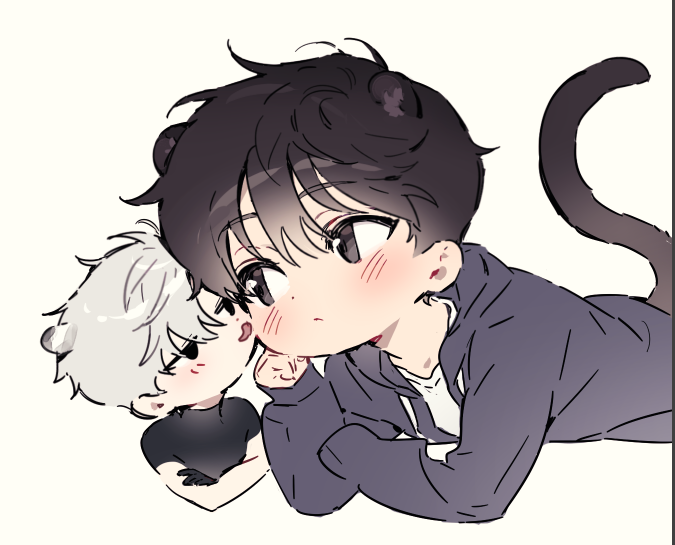 animal_ears black_eyes black_gloves black_hair black_hoodie black_shirt blush cat_boy cat_ears cat_tail chibi chibi_only gloves grey_hair hood hoodie ilay_riegrow jeong_taeui jinsimpunch licking licking_another&#039;s_cheek licking_another&#039;s_face passion_(manhwa) shirt short_hair short_sleeves simple_background snow_leopard_boy snow_leopard_ears t-shirt tail white_background white_shirt