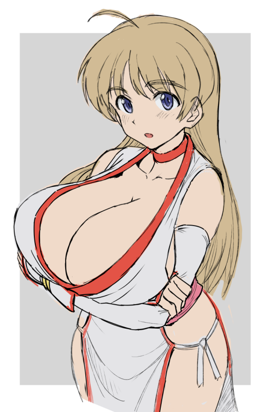 1girl bare_shoulders blue_eyes breasts character_request cleavage cosplay dead_or_alive huge_breasts kasumi_(doa) kasumi_(doa)_(cosplay) light_brown_hair long_hair love_r_gene lynette_bishop pelvic_curtain strike_witches world_witches_series