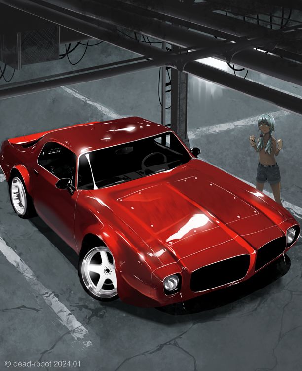 1girl belt black_belt blue_hair blue_shorts car dead-robot hair_over_breasts low_twintails motor_vehicle navel original parking_garage pontiac pontiac_firebird red_car shorts solo twintails