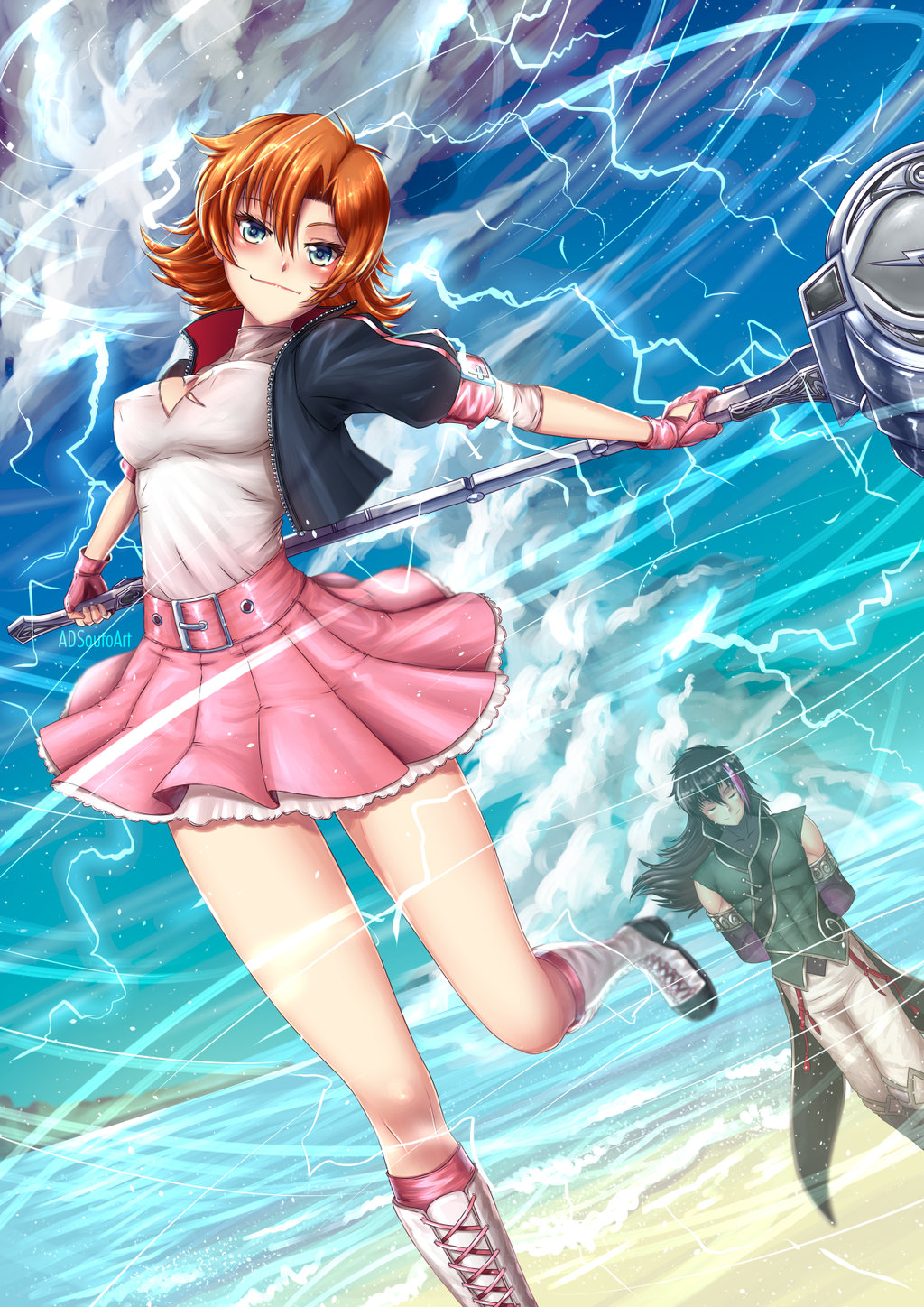1boy 1girl adsouto aqua_eyes black_hair blush breasts changpao chinese_clothes cleavage cleavage_cutout clothing_cutout commentary electricity english_commentary fingerless_gloves gloves green_eyes heart highres lie_ren lightning long_hair looking_at_viewer looking_down magnhild medium_breasts nora_valkyrie orange_hair pantyhose petticoat ponytail rwby short_hair smile tornado very_long_hair warhammer weapon white_pantyhose
