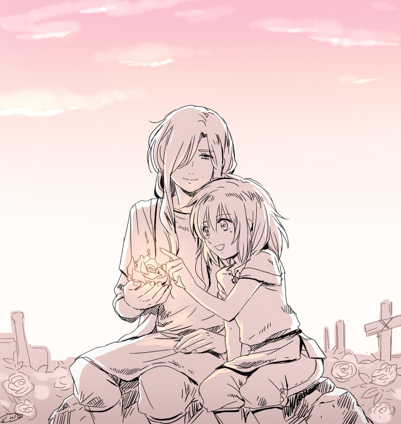 2boys aged_down alternate_costume child cross evening florakinesis flower glowing_flower hair_over_one_eye half-closed_eyes hand_up holding holding_flower index_finger_raised long_hair mizuhara_aki mole mole_under_eye multiple_boys on_rock open_mouth outdoors pisces_albafica pisces_lugonis rose rose_bush saint_seiya saint_seiya:_the_lost_canvas sitting sky smile trap tunic