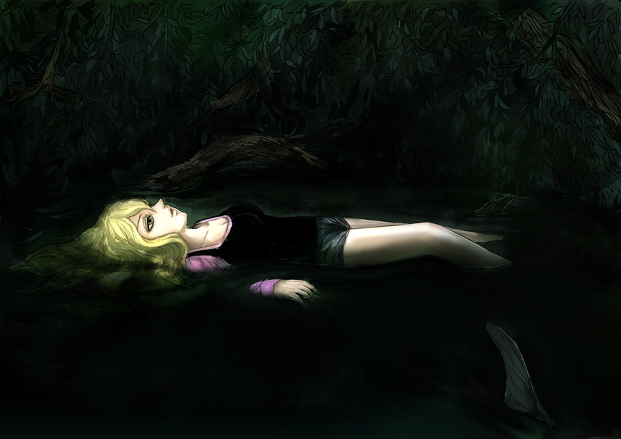 1girl blonde_hair breasts collarbone denim denim_shorts empty_eyes female_focus grey_eyes long_hair lying mermaid_swamp ningyo_numa open_mouth partially_submerged short_hair shorts sidelocks solo sonica sonica_chell tree wetland yamazaki_rin
