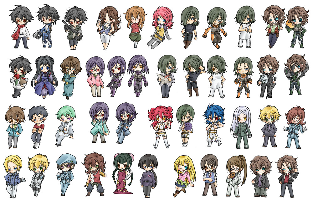 00s 6+boys 6+girls :&gt; :d ;d ^_^ ali_al-saachez allelujah_haptism apple aqua_hair bad_haro bag ball belt beret billy_katagiri blonde_hair blue_eyes blue_hair blush bodysuit boots bracelet braid breasts brother_and_sister brothers brown_eyes brown_footwear brown_hair buckle buttons cape chibi christina_sierra closed_eyes closed_mouth creature curly_hair eating everyone expressionless eyepatch feldt_grace food formal_clothes french_braid fruit full_body glasses graham_aker green_eyes grin groceries grocery_bag gun gundam gundam_00 hair_ornament hair_over_one_eye hairclip hand_gesture handgun haro hat hong_long japanese_clothes jewelry johann_trinity joshua_edwards kati_mannequin kimono knee_boots lasse_aeon lichtendahl_tsery lockon_stratos long_hair long_sleeves looking_at_viewer louise_halevy marina_ismail michael_trinity multiple_boys multiple_girls necktie nena_trinity newspaper one_eye_closed open_mouth over_shoulder pants parted_bangs patrick_colasour pink_eyes pink_hair pistol ponytail purple_eyes purple_hair reading red_necktie red_scarf regene_regetta ribbons_almark rimless_eyewear saji_crossroad scarf setsuna_f._seiei shirin_bakhtiar shopping_bag short_hair shotgun siblings silver_hair simple_background skin_tight smile soma_peries spiked_hair standing suit sumeragi_lee_noriega sweater_vest teeth thinking tieria_erde twin_braids uniform w wang_liu_mei weapon white_background wide_sleeves yellow_eyes