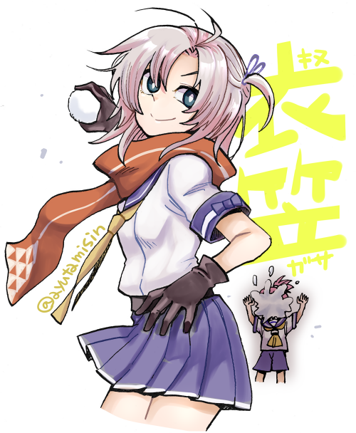 2girls aoba_(kancolle) arms_up ayutamisin black_gloves blue_eyes brown_scarf character_name gloves grey_hair hair_tie kantai_collection kinugasa_(kancolle) kinugasa_kai_ni_(kancolle) multiple_girls neckerchief one-hour_drawing_challenge pleated_skirt ponytail scarf school_uniform serafuku shorts simple_background skirt smile snowball snowball_fight solo_focus twitter_username white_background yellow_neckerchief