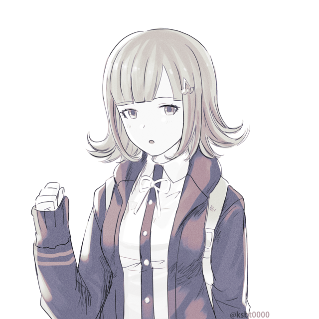 1girl :o backpack bag blunt_bangs breasts collared_shirt danganronpa_2:_goodbye_despair dress_shirt flipped_hair hair_ornament hairclip hajime_(gitoriokawaii) hand_up hood jacket long_sleeves looking_at_viewer medium_hair nanami_chiaki neck_ribbon open_clothes open_jacket open_mouth ribbon shirt simple_background sleeves_past_wrists solo upper_body white_background