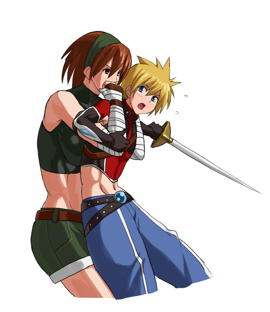 1boy 1girl 78_(tky8) bandaged_arm bandages bandit_(tales_of_destiny_2) belt black_shirt black_sports_bra blonde_hair blue_eyes blue_pants blush breasts brown_belt brown_eyes brown_gloves brown_hair commentary_request cowboy_shot cropped_torso elbow_gloves fingerless_gloves foil_(fencing) gloves green_headband green_shorts hair_between_eyes headband holding holding_sword holding_weapon kyle_dunamis large_breasts long_bangs looking_at_another midriff navel open_mouth pants red_shirt restrained shirt short_hair shorts simple_background spiked_hair sports_bra sword tales_of_(series) tales_of_destiny tales_of_destiny_2 two-tone_shirt weapon white_background