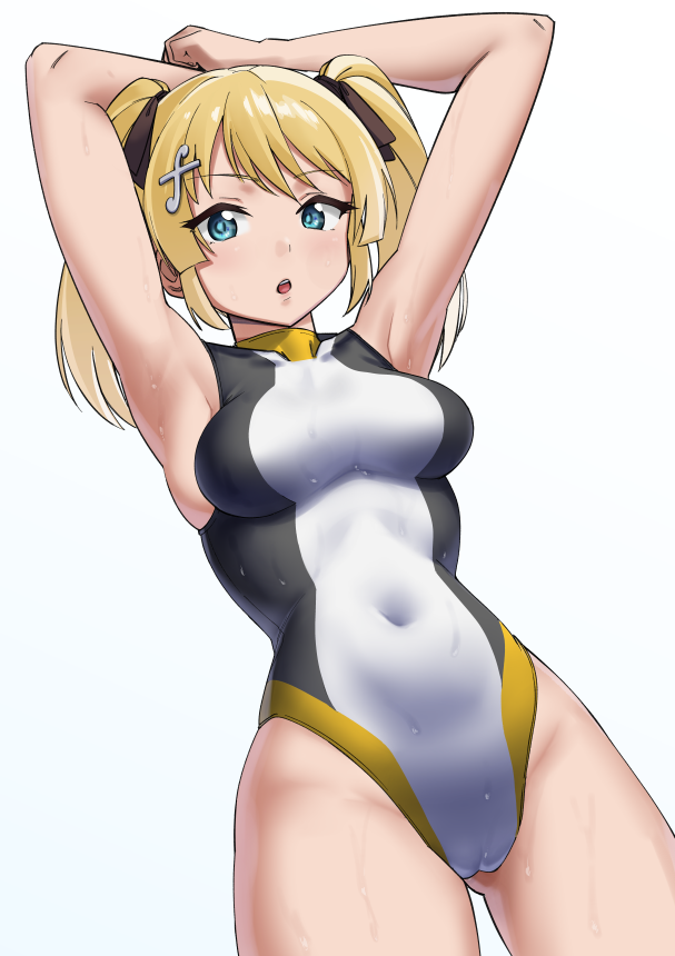 1girl arms_behind_head battle_girl_high_school black_ribbon blonde_hair blue_eyes cameltoe commission competition_swimsuit covered_navel cowboy_shot forte_(symbol) fortissimo hair_ornament hair_ribbon kougami_kanon long_hair looking_at_viewer makino_harumaki multicolored_swimsuit musical_note musical_note_hair_ornament one-piece_swimsuit ribbon skeb_commission solo swimsuit twintails