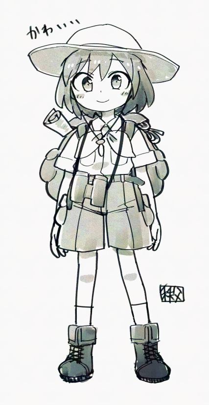 1boy backpack bag binoculars blush boots breast_pocket budding_expeditioner_(pokemon) chichibu_(watson) closed_mouth collared_shirt commentary_request full_body hat looking_at_viewer male_focus medium_hair monochrome nintendo pocket pokemon pokemon_tcg pokemon_tcg_pocket scroll shirt short_sleeves shorts signature smile socks solo standing