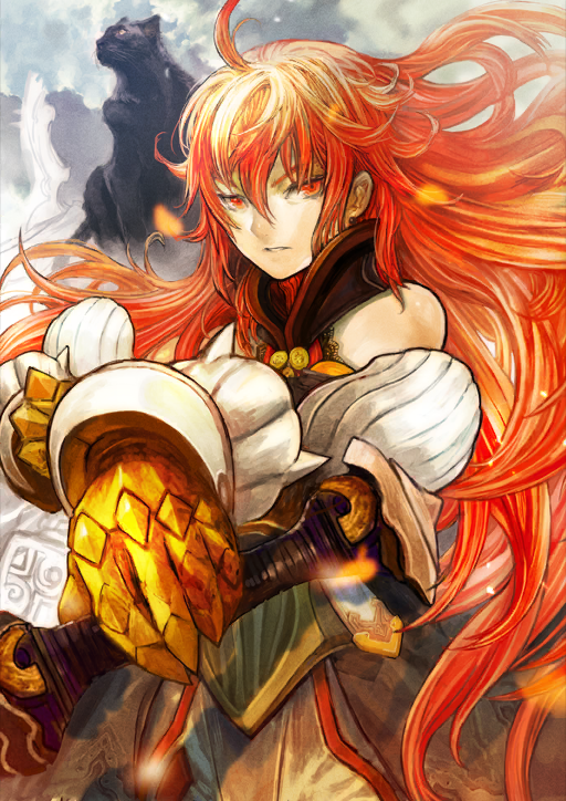 1boy ahoge animal asai_genji bare_shoulders bishounen brahmastra_(fate/grand_order) cowboy_shot fate/grand_order fate_(series) gorget hair_between_eyes halterneck hands_up holding holding_sword holding_weapon long_hair looking_at_viewer male_focus official_art parted_lips rama_(fate) red_eyes red_hair sidelocks solo sword third-party_source v-shaped_eyebrows weapon