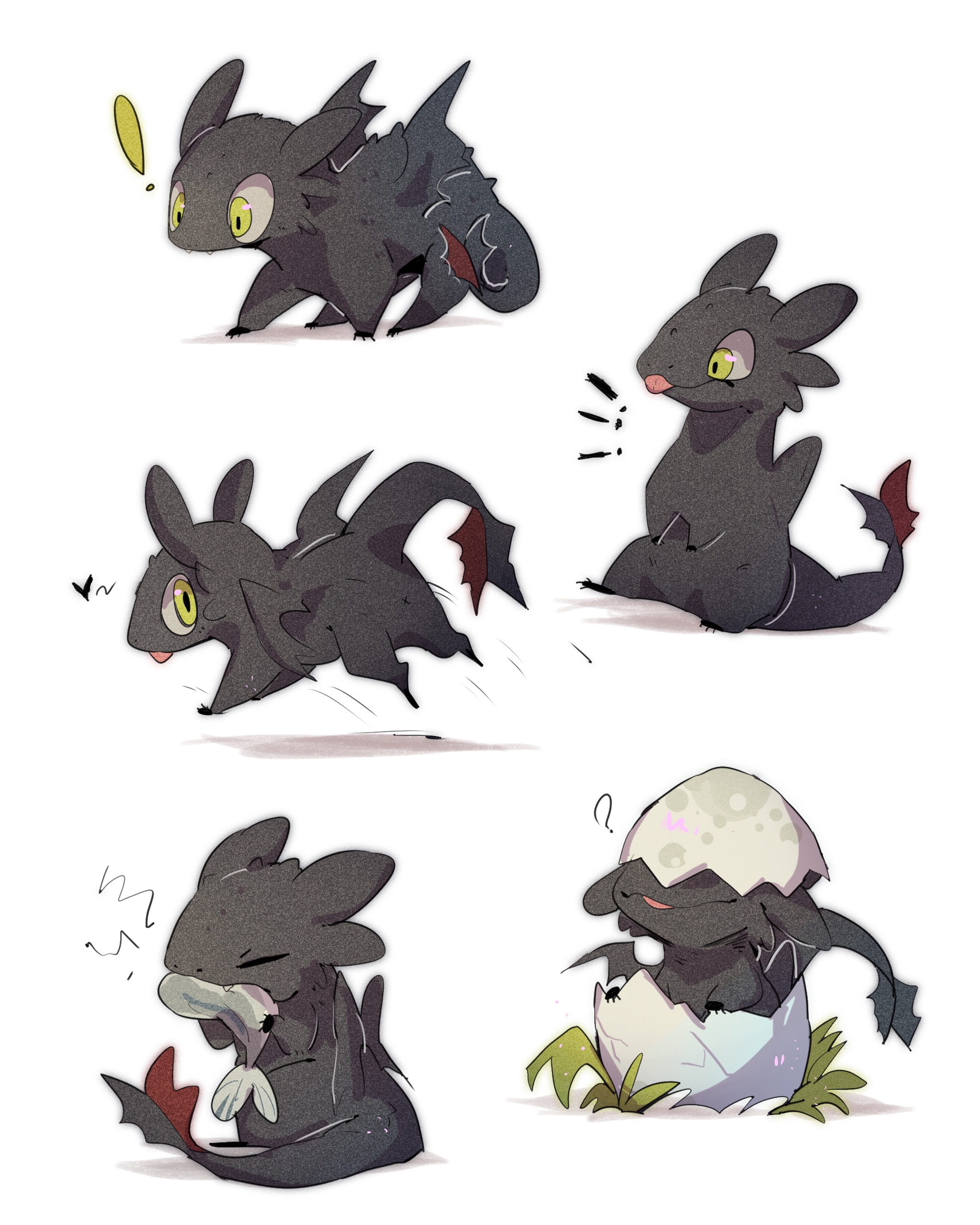 ! absurdres animal_focus baby_animal chasing covered_eyes cracked_shell dragon eating eggshell eggshell_hat fish grass happy hatching highres how_to_train_your_dragon_(series) how_to_train_your_dragon_1 looking_at_viewer looking_back multiple_views no_humans ou331 simple_background sitting tongue tongue_out toothless western_dragon white_background yellow_eyes