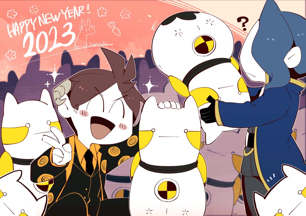 2boys ? ^_^ black_coat black_pants black_vest blush brown_hair carrot chinese_zodiac closed_eyes coat e.g.o_(project_moon) employee_(project_moon) lantern_(e.g.o) lobotomy_corporation magic_bullet_(e.g.o) multiple_boys nugget_(project_moon) open_mouth pants project_moon sabaage smile standard_training-dummy_rabbit v vest year_of_the_rabbit