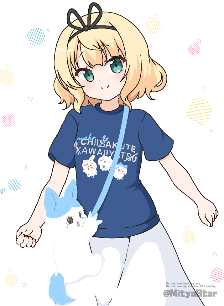 1girl blonde_hair blue_shirt blush closed_mouth clothes_writing commentary_request english_text gochuumon_wa_usagi_desu_ka? green_eyes kirima_syaro looking_at_viewer mitya romaji_text shirt short_sleeves simple_background skirt smile solo twitter_username watermark white_background white_skirt