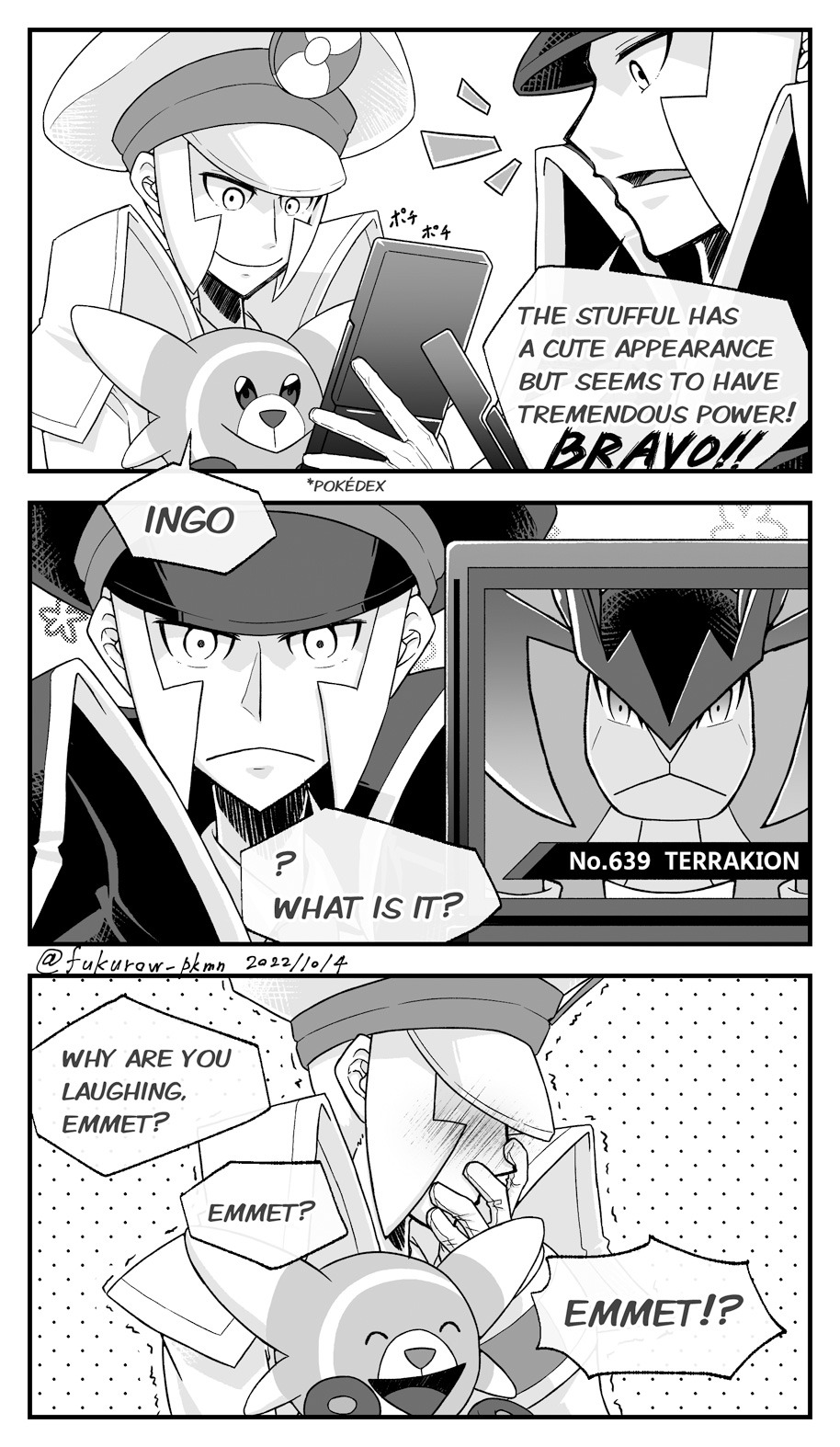 2boys black_coat black_headwear blush brothers coat comic emmet_(pokemon) fukurow gen_5_pokemon gen_7_pokemon gloves hat high_collar highres holding holding_pokedex holding_pokemon ingo_(pokemon) laughing legendary_pokemon long_sideburns long_sleeves multiple_boys nintendo peaked_cap pokedex pokemon pokemon_(creature) pokemon_bw short_hair siblings sideburns smile stifled_laugh stufful terrakion trench_coat twins white_coat white_gloves white_headwear