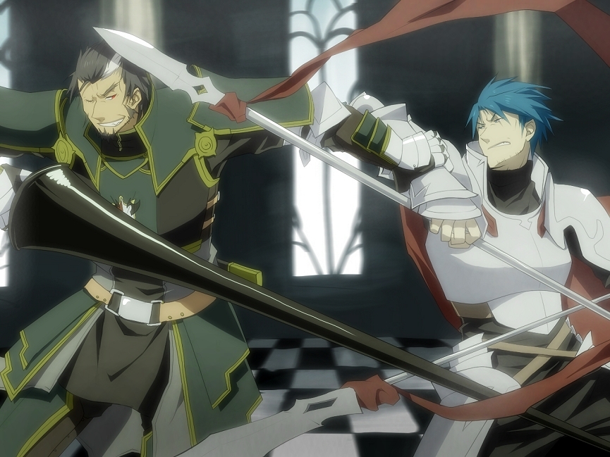 2boys arm_armor armor armored_gloves battle belt black_beard black_hair black_shirt blue_eyes blue_hair borrowed_character breastplate brown_belt capelet castle cathedral checkered_floor clenched_hands dappled_sunlight facing_viewer fighting green_armor grimace gurast holding holding_another&#039;s_arm holding_polearm holding_weapon indoors lance leg_armor looking_at_another male_focus mature_male multiple_boys original pillar polearm red-eye_effect red_capelet red_ribbon ribbon shirt shoulder_armor spear sunlight weapon white_armor window