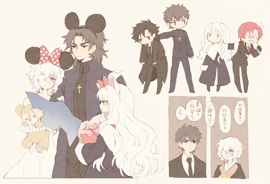 2boys 3girls bazett_fraga_mcremitz caren_hortensia cigarette claudia_hortensia cross emiya_kiritsugu fate/hollow_ataraxia fate/zero fate_(series) formal_clothes guilty kotomine_kirei mickey_mouse_ears multiple_boys multiple_girls stuffed_animal stuffed_toy suit tears tsumi_guilty