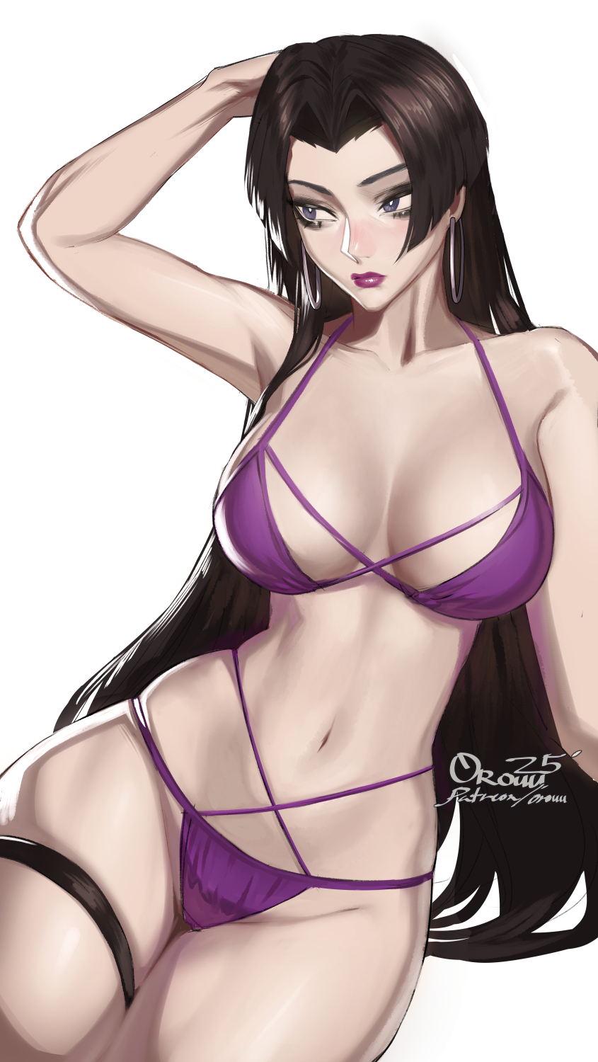 arm_behind_head bikini black_hair breasts cleavage collarbone commentary earrings english_commentary highres hoop_earrings jewelry large_breasts lipstick long_hair makeup marvel marvel_rivals navel orouu parted_bangs psylocke purple_bikini purple_eyes signature swimsuit thigh_strap very_long_hair x-men