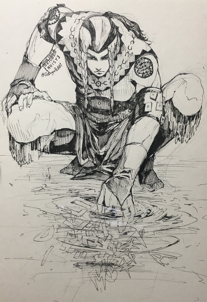 1boy braid bridal_gauntlets greyscale hand_on_own_knee hatching_(texture) highres jewelry jojo_no_kimyou_na_bouken long_hair male_focus monochrome multicolored_hair necklace pelvic_curtain ripples sandman_(sbr) sasamura shoulder_tattoo solo squatting steel_ball_run tattoo traditional_media twin_braids water