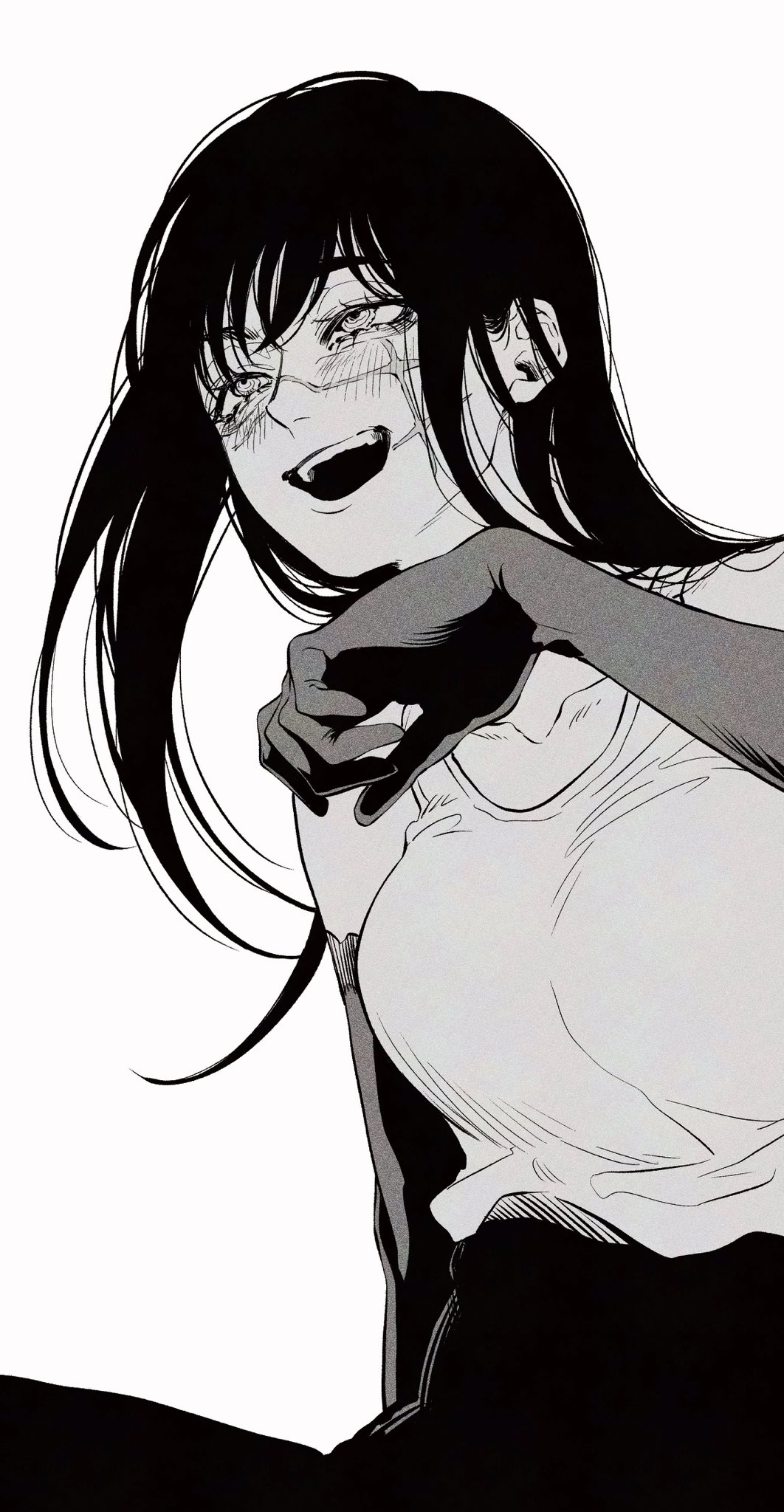 1girl blush chainsaw_man elbow_gloves facial_scar gloves greyscale haru_rice highres long_hair monochrome open_mouth pants ringed_eyes scar scar_on_cheek scar_on_face solo tank_top teeth upper_teeth_only yoru_(chainsaw_man)