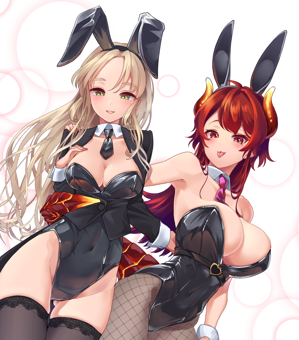 2girls animal_ears bare_shoulders black_necktie black_thighhighs blonde_hair blush breasts cleavage detached_collar dola_(nijisanji) dragon_girl dragon_horns dragon_tail fake_animal_ears fishnets green_eyes hakkaku_shikimi horns large_breasts lava leotard long_hair looking_at_viewer medium_breasts multiple_girls necktie nijisanji playboy_bunny purple_necktie rabbit_ears red_eyes red_hair simple_background sister_claire smile tail thighhighs tongue tongue_out virtual_youtuber