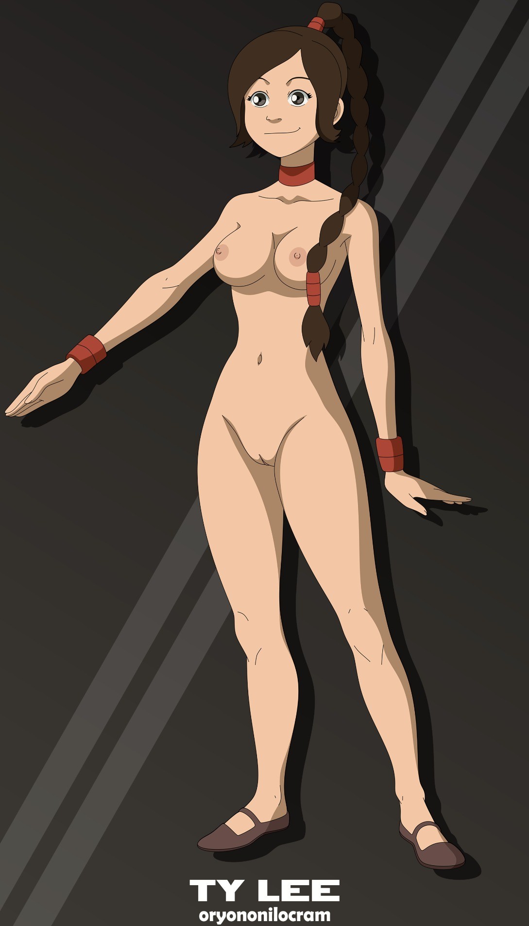 oryononilocram, ty lee, avatar: the last airbender, avatar legends,  highres, nude filter, third-party edit, 1girl, breasts, brown hair,  character name, nipples, nude, pussy, simple background, smile, solo,  uncensored - Image View - |