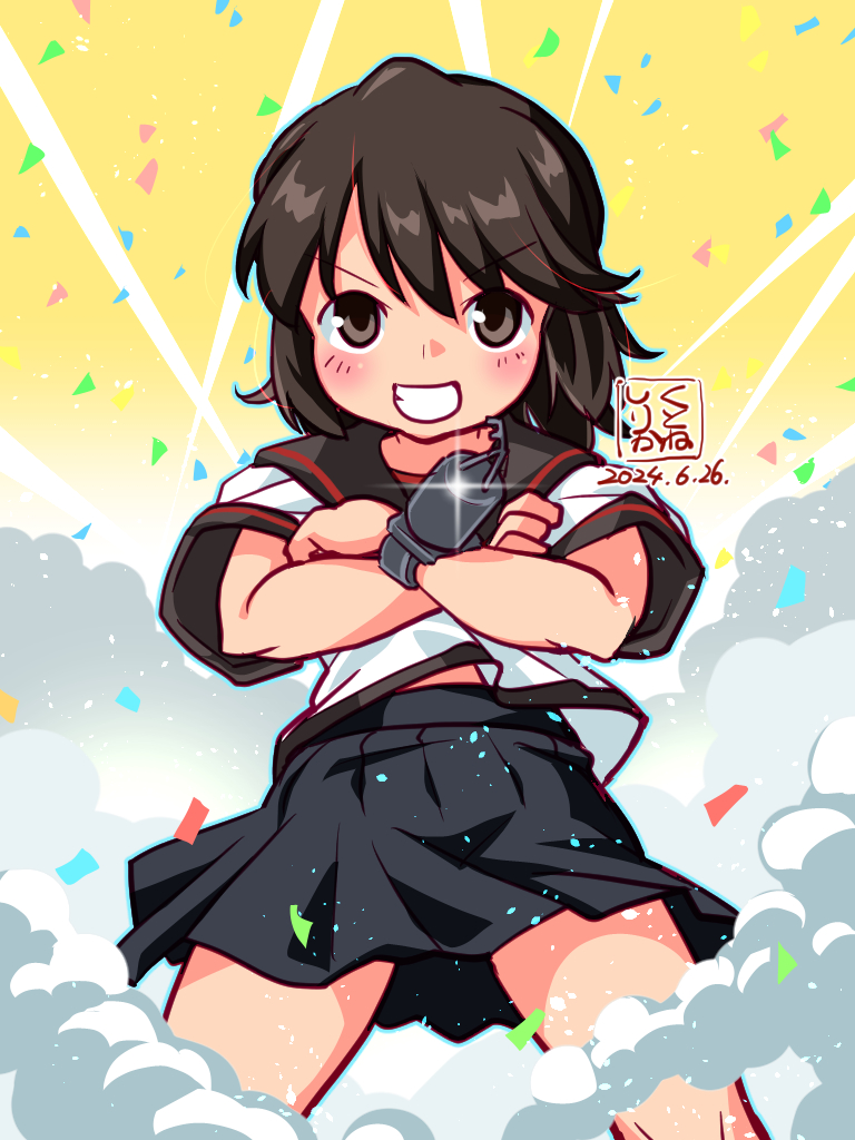 1girl artist_logo black_hair black_sailor_collar black_skirt brown_eyes commentary_request confetti crossed_arms dated feet_out_of_frame grin gunbuster_pose kantai_collection kutone_shirika logo miyuki_(kancolle) miyuki_kai_ni_(kancolle) pleated_skirt sailor_collar school_uniform serafuku shirt short_hair skirt smile smoke solo straight-on white_shirt yellow_background