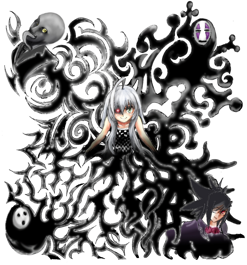 00s ahoge arakune arc_system_works bare_shoulders blazblue blazblue:_calamity_trigger cthulhu_mythos demonbane dress glowing glowing_eye grey_hair haiyore!_nyaruko-san heterochromia long_hair nya_(demonbane) nyarlathotep nyarlathotep_(nyaruko-san) smile