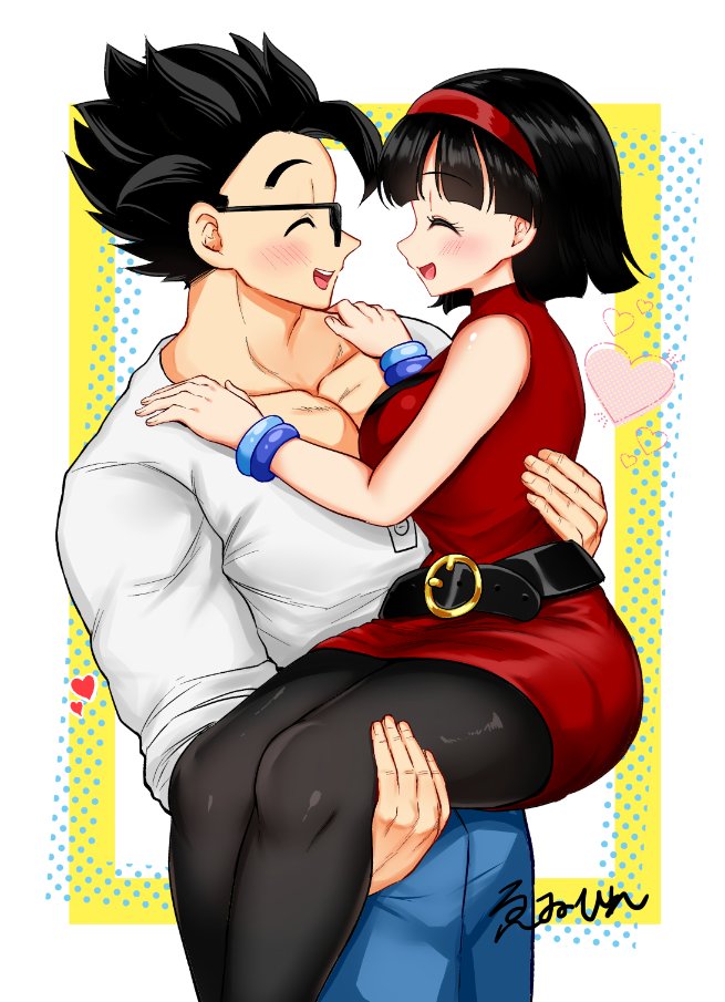 1boy 1girl black_hair blush carrying couple dragon_ball dragon_ball_super dragon_ball_super_super_hero glasses happy heart hug husband_and_wife muscular muscular_male princess_carry smile son_gohan thick_thighs thighs videl