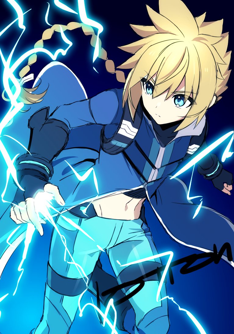 1boy azure_striker_gunvolt azure_striker_gunvolt_1 blonde_hair blue_background blue_coat blue_eyes blue_pants braid braided_ponytail coat electricity gradient_background gunvolt lololotton long_hair male_focus pants simple_background solo
