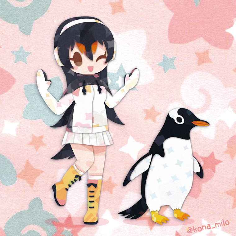 1girl animal bird black_hair boots gentoo_penguin_(kemono_friends) gloves headphones hood hoodie japari_symbol kemono_friends kikuchi_milo long_hair looking_at_viewer multicolored_hair one_eye_closed penguin penguin_girl penguin_tail pink_background red_hair simple_background skirt tail two-tone_hair