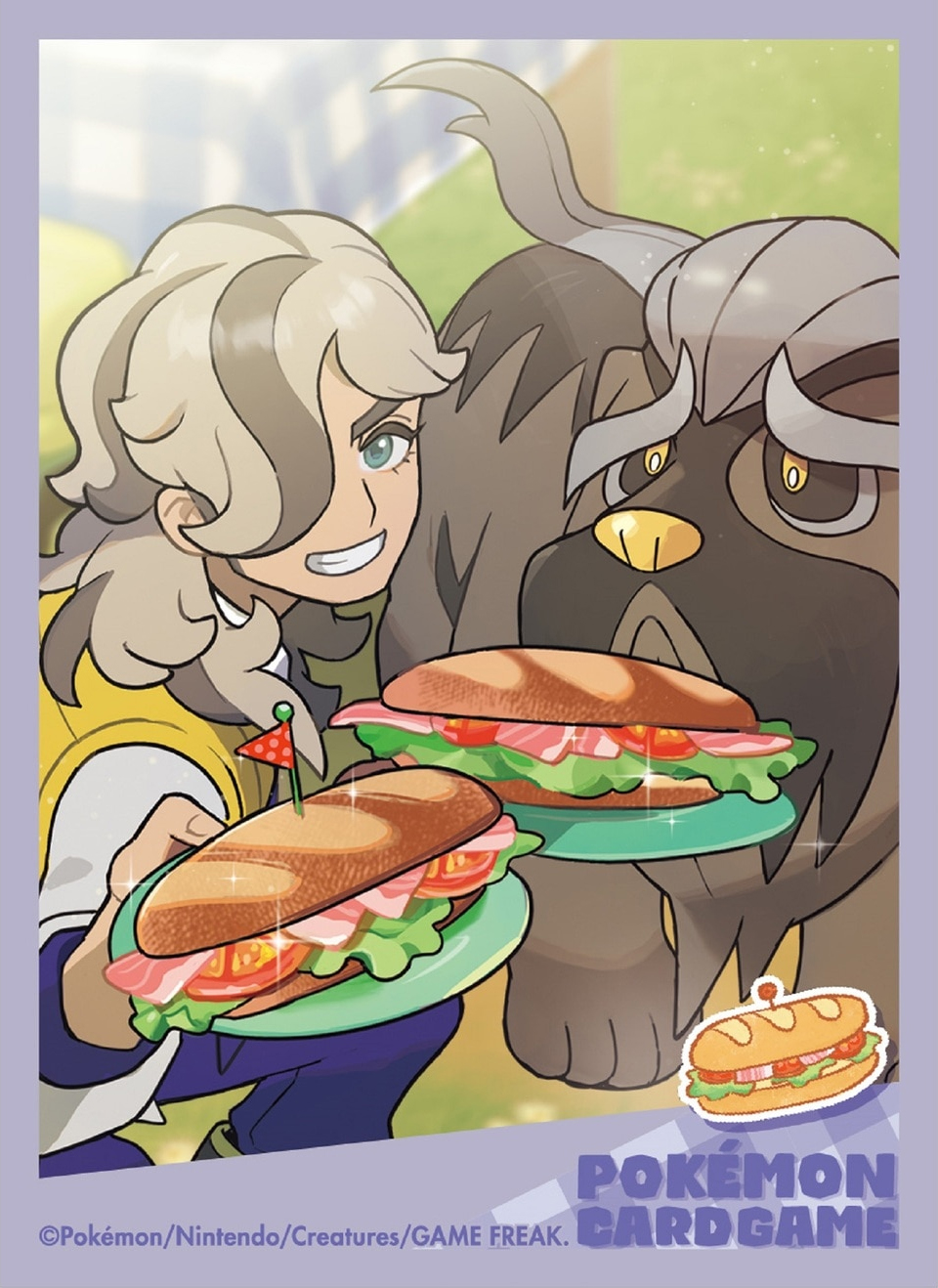 1boy arven_(pokemon) bacon border brown_hair closed_mouth copyright_name copyright_notice eyelashes flag food green_eyes hair_over_one_eye highres holding holding_plate lettuce long_hair mabosstiff nintendo official_art pants plate pokemon pokemon_(creature) pokemon_sv pokemon_tcg purple_border purple_pants sandwich school_uniform shirt smile sparkle teeth third-party_source tomato tomato_slice uva_academy_school_uniform vest white_shirt yellow_eyes yellow_vest