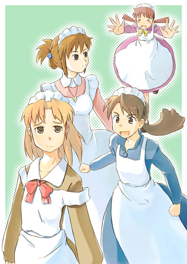 4girls brown_hair futaba_channel hidoi kudoi maid medoi modoi multiple_girls mutou_youshun nijiura_maids ponytail twintails youshun