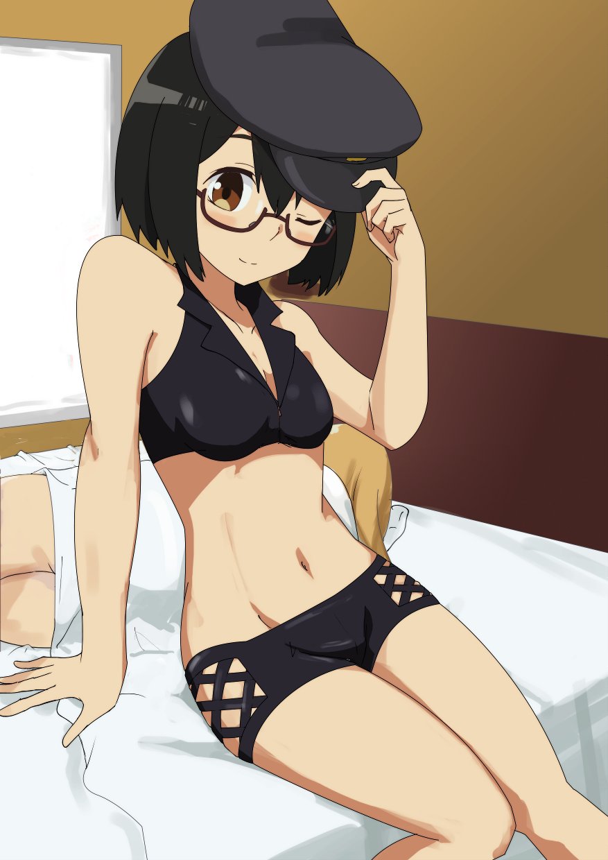 bed bikini bikini_shorts black_bikini black_hair gobanme_no_mayoi_neko hat highres kamikoshi_sorawo leaning_back navel one_eye_closed shorts swimsuit thighs urasekai_picnic wink