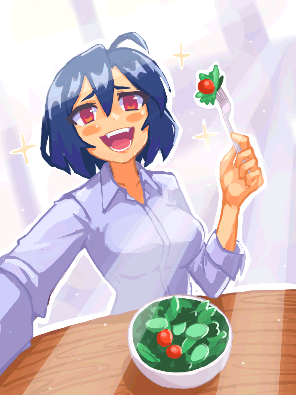 1girl ahoge blue_hair blush bowl breasts collarbone collared_shirt fangs food fork grey_shirt hcnone highres holding holding_fork large_breasts lips long_sleeves looking_at_viewer office_lady open_mouth original pink_eyes salad shirt short_hair skye_(hcnone) smile table teeth tongue