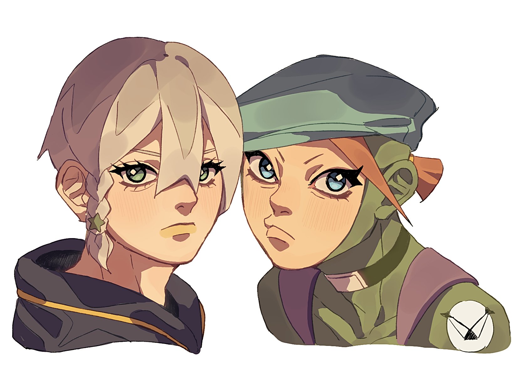 2boys backpack bag beret black_hood blue_eyes blue_hat blush bodysuit braid choker closed_mouth commentary cropped_torso english_commentary frown green_bodysuit green_choker green_eyes grey_hair hair_between_eyes hat highres hood hood_down jodio_joestar jojo_no_kimyou_na_bouken long_bangs looking_at_viewer male_focus multicolored_hair multiple_boys orange_hair portrait short_hair side_braid siniy the_jojolands two-tone_hair usagi_aloha'oe white_background
