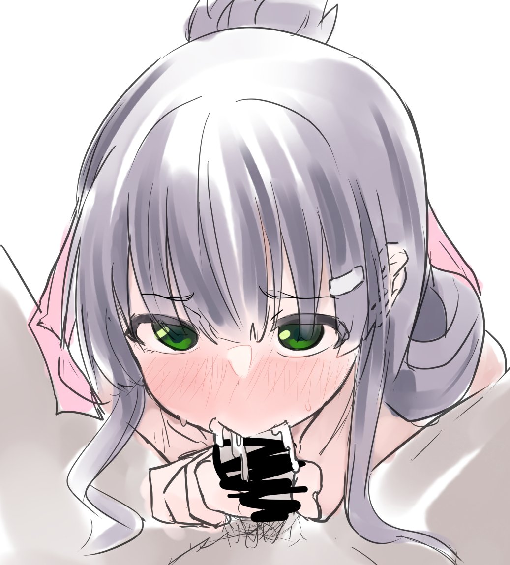 1boy 1girl bar_censor blush censored commentary_request completely_nude cum cum_in_mouth fellatio folded_ponytail furrowed_brow green_eyes handjob hetero long_hair looking_at_viewer male_pubic_hair mashitono_desu nude oral penis pov pov_crotch pubic_hair purple_hair sidelocks simple_background solo_focus toji_no_miko white_background yanase_mai