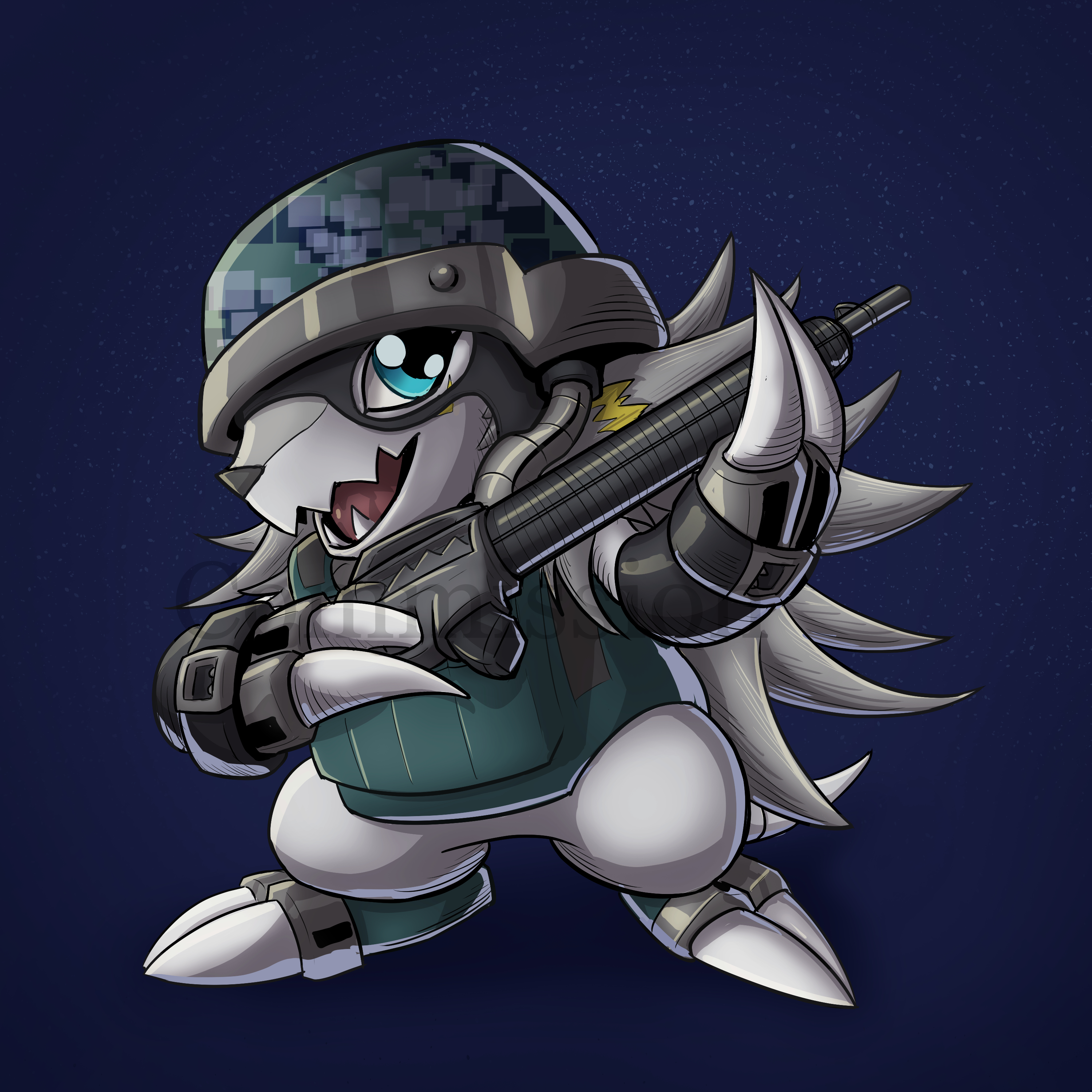 absurdres armor digimon digimon_(creature) gun helmet herissmon highres oridigi original sharp_teeth solo teeth weapon