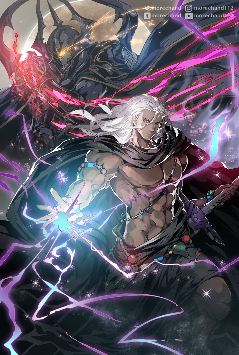 abs armlet armor bracelet cloak dual_persona final_fantasy final_fantasy_iv final_fantasy_iv:_the_after_years glowing glowing_eyes golbez highres jewelry looking_at_viewer magic moreshan muscular open_hand outstretched_arm serious topless_male silver_hair sword weapon