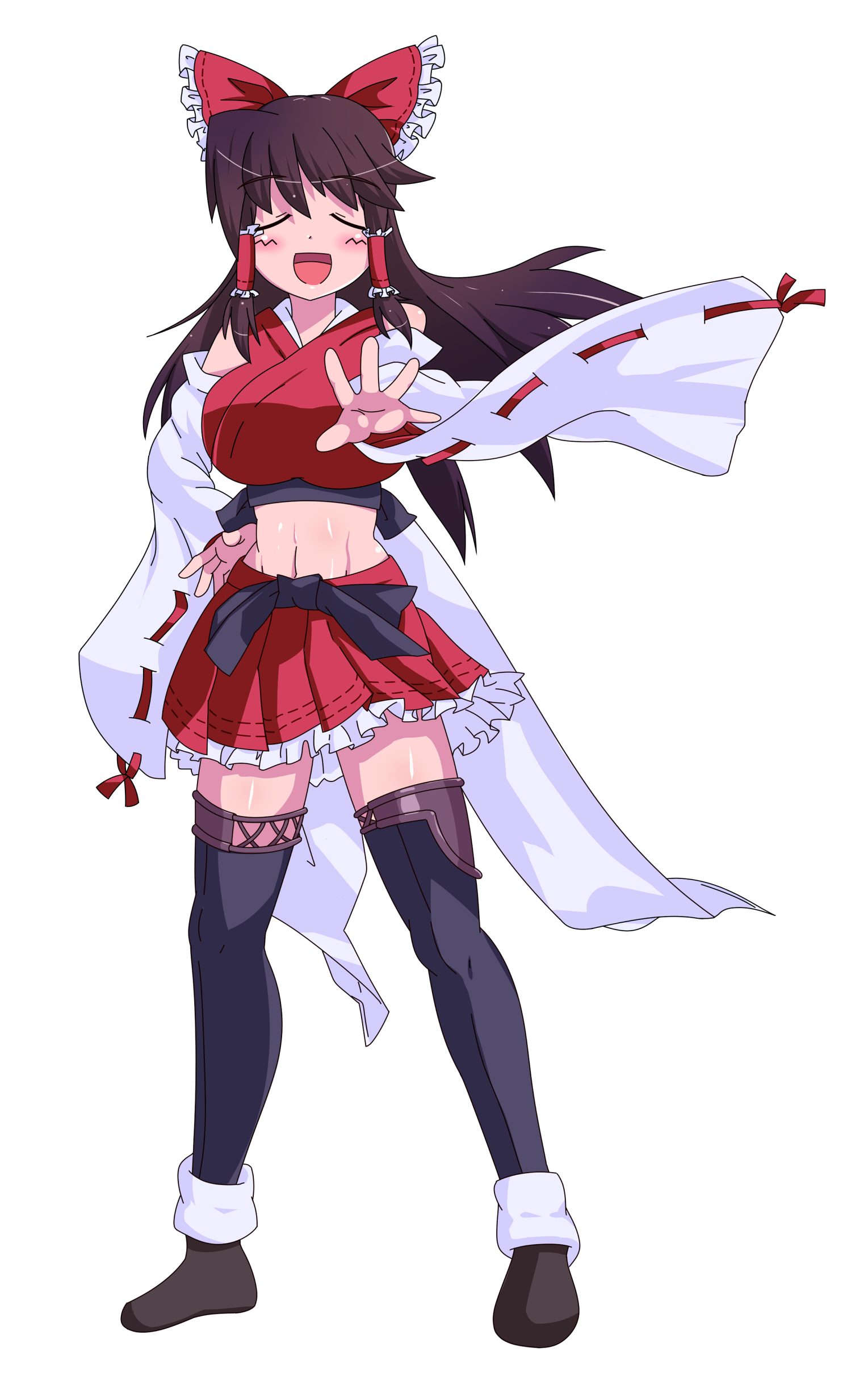 1girl absurdres black_thighhighs bow breasts brown_hair closed_eyes commentary_request cookie_(touhou) cosplay crop_top derivative_work detached_sleeves frilled_hair_tubes frilled_skirt frills full_body hair_bow hair_tubes hakurei_reimu highres kantai_collection kongou_(kancolle) kongou_(kancolle)_(cosplay) large_breasts long_hair midriff miniskirt navel noel_(cookie) open_mouth pleated_skirt red_bow red_skirt ribbon-trimmed_sleeves ribbon_trim sidelocks simple_background skirt smile solo standing sugigoke thighhighs touhou transparent_background white_sleeves
