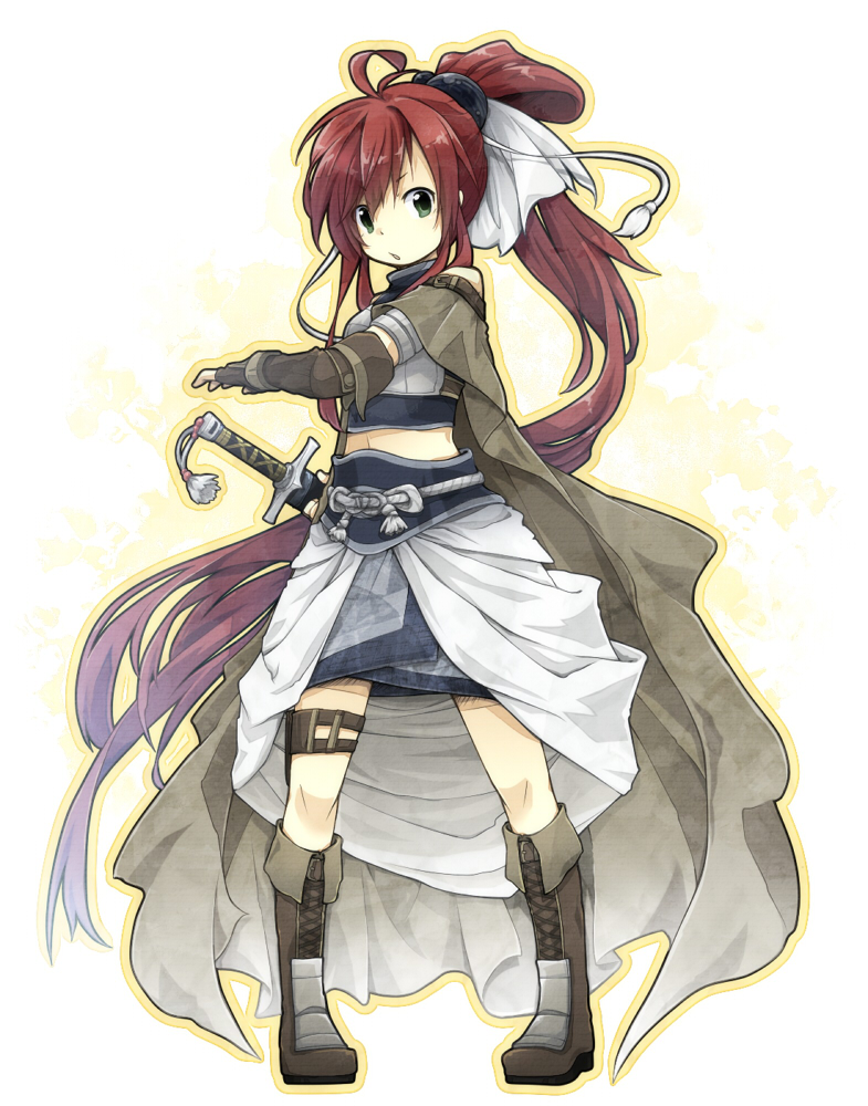 1girl ahoge black_shirt blue_skirt boots brown_boots brown_cape brown_gloves cape chest_guard chestnut_mouth commentary_request crop_top cropped_shirt fighting_stance fingerless_gloves full_body gloves green_eyes hair_ribbon lace-up_boots lama_(kusuriya) long_hair looking_at_viewer midriff_peek outline ragnarok_online ready_to_draw red_hair ribbon sheath sheathed shirt skirt solo standing sword swordsman_(ragnarok_online) thigh_strap turtleneck very_long_hair weapon white_background white_ribbon yellow_outline