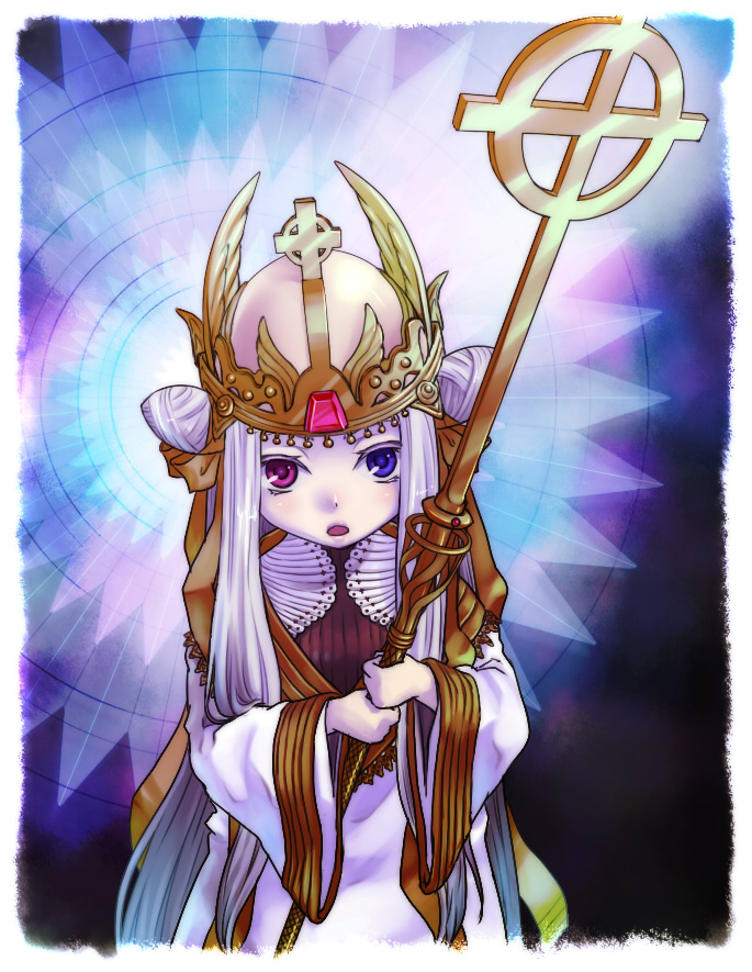 1girl border brown_dress commentary_request cone_hair_bun cowboy_shot cross crown dress fake_wings gem golden_wings hair_bun heterochromia holding holding_staff layered_dress long_hair long_sleeves looking_at_viewer open_mouth pope_(ragnarok_online) purple_eyes ragnarok_online red_eyes solo staff susukinohukurou white_border white_dress white_hair wide_sleeves wings