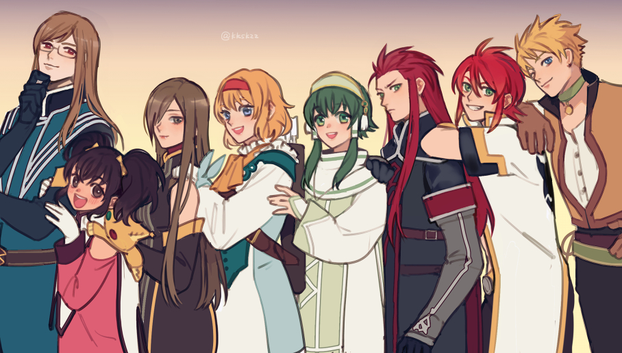 3girls 5boys :d anise_tatlin asch_(tales) black_cape black_gloves black_hair blonde_hair blue_eyes brown_background brown_eyes brown_gloves brown_hair cape closed_mouth commentary_request glasses gloves gold_trim gradient_background green_eyes green_hair guy_cecil hair_over_one_eye hairband ion_(tales) jacket jade_curtiss long_hair luke_fon_fabre meiji_(pecosyr5) multiple_boys multiple_girls natalia_luzu_kimlasca_lanvaldear open_mouth red_eyes red_hair red_hairband short_hair sidelocks simple_background smile standing tales_of_(series) tales_of_the_abyss tear_grants teeth tokunaga_(tales) twintails upper_teeth_only white_jacket