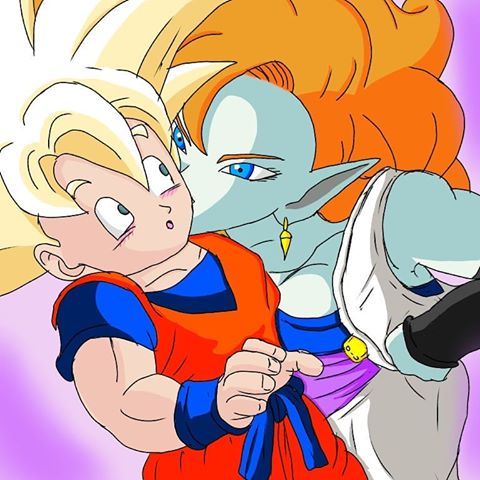 1boy 1girl blonde_hair blue_eyes colored_skin dragon_ball dragonball_z hetero kiss orange_hair pointy_ears son_gohan tagme zangya
