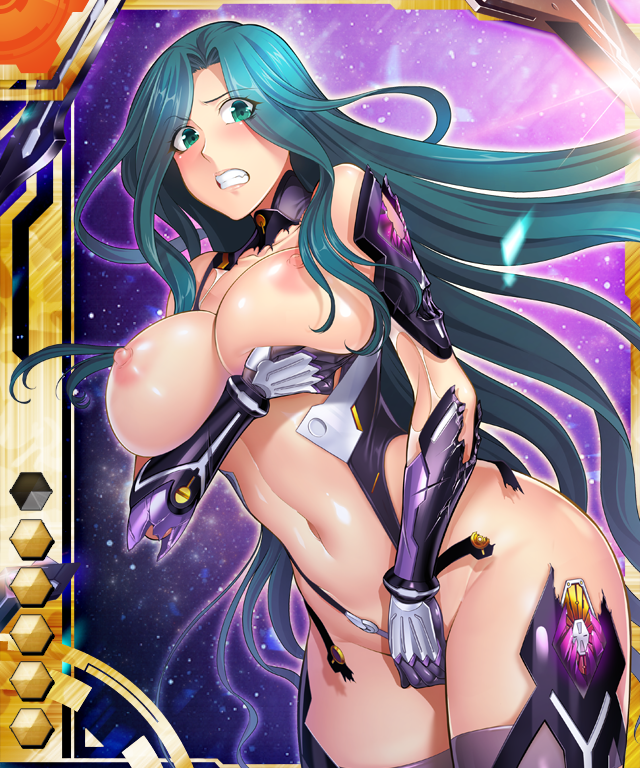 1girl aqua_hair armor bikini_armor blush bodysuit boots breasts card_(medium) card_(orange-ur) card_(ur) covered_erect_nipples curvy female_focus green_eyes large_breasts lilith-soft long_hair looking_at_viewer makishima_ayame nipples puffy_nipples shiny_skin taimanin_(series) taimanin_asagi_battle_arena_all_card_gallery taimanin_asagi_kessen_arena taimanin_kurenai weapon zol