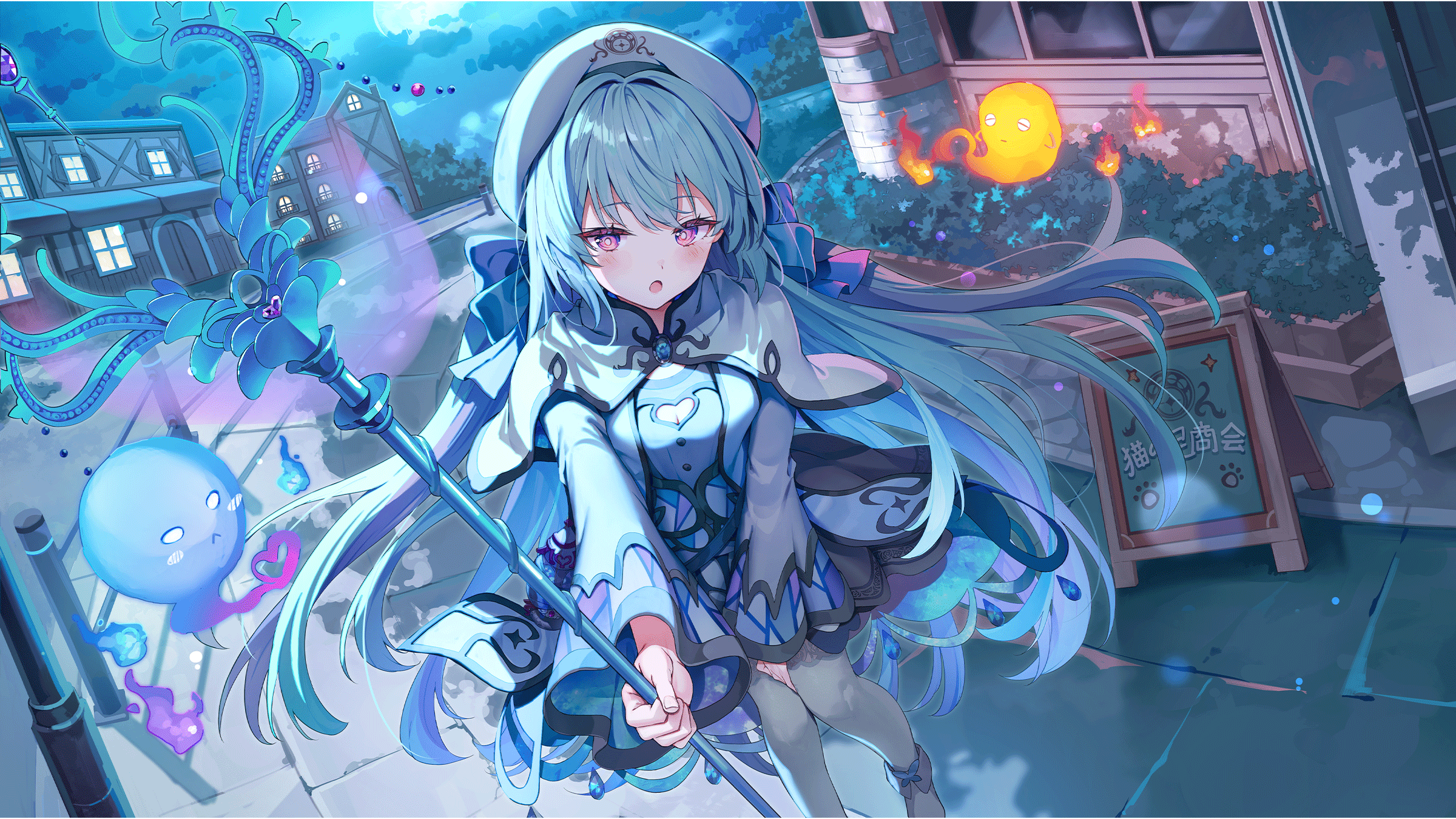 1girl :o blue_hair blush breasts bright_pupils building cape clothing_cutout cloud dress fire first_stage_production full_moon grey_thighhighs hair_intakes hat heart heart_cutout highres holding holding_staff huwari_(dnwls3010) kozumi_arisa moon official_art open_mouth pink_eyes plant shadow shoes solo staff thighhighs virtual_youtuber white_cape white_hat white_pupils