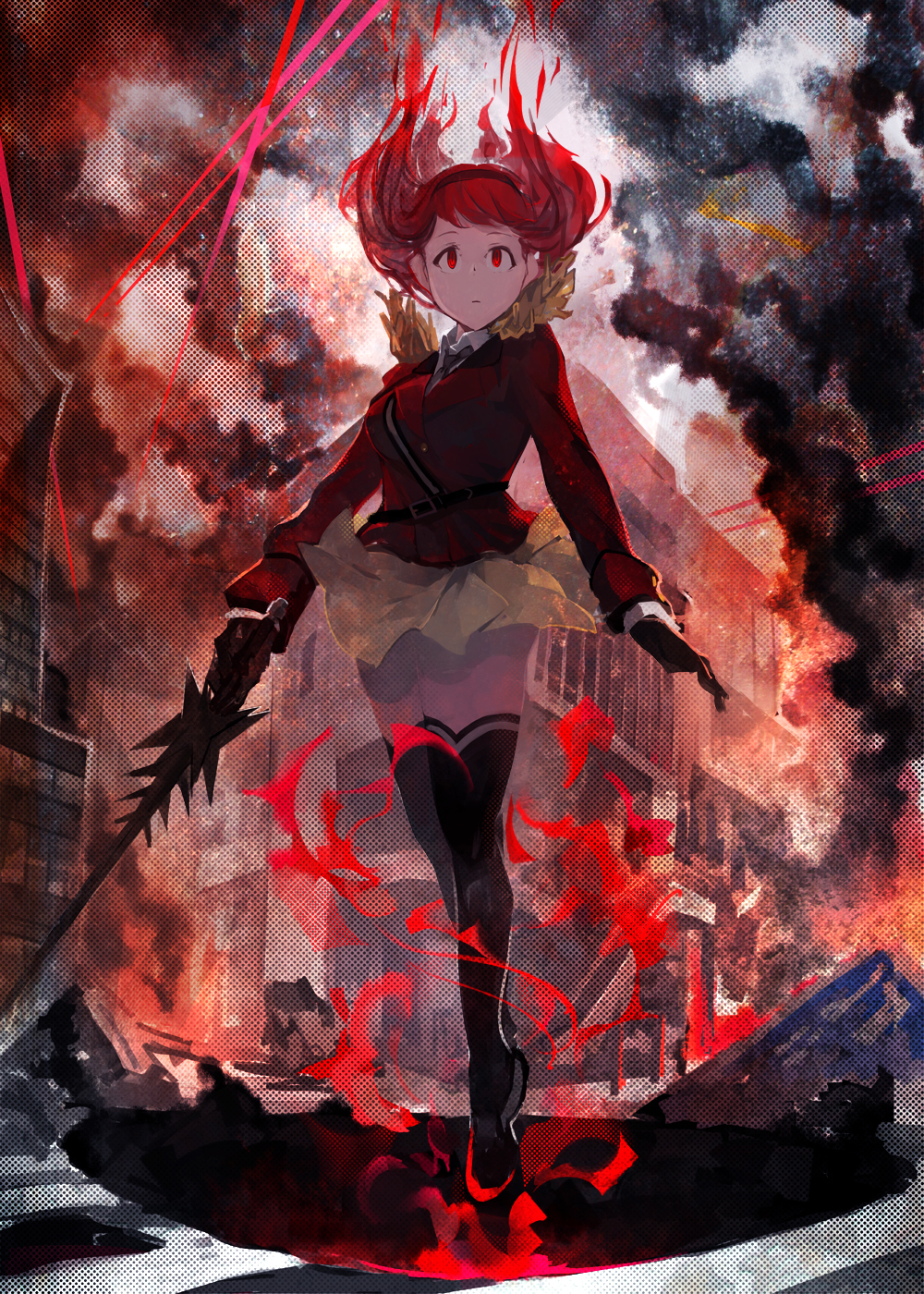 1girl belt black_belt black_boots black_gloves black_hairband boots city closed_mouth collared_shirt commentary dark_persona epaulettes evil_eyes fiery_hair fire floating full_body gloves hairband highres holding holding_weapon idol_heroes_(idolmaster) idolmaster idolmaster_million_live! idolmaster_million_live!_theater_days jacket long_sleeves miniskirt outdoors red_eyes red_hair red_jacket shirt skirt smoke solo tanaka_kotoha thigh_boots toro3 weapon